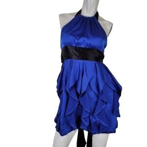 BcbgMaxAzria Layla Size O Blue & Black Tiered Ruffle Satin Halter Top Y2K Dress